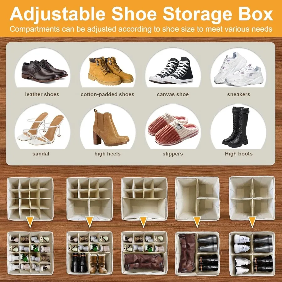 2 Pack Large Shoe Organizer for Closet Adjustable Dividers Shoe Storage Bins Boxes Foldable Shoe Holder Cube Containers with Cl