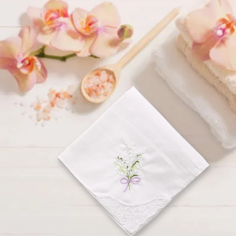 Ladies Cotton Embroidery Handkerchiefs Womens Soft Solid Candy Color Flowers Lace Edging Hankies for Wedding Party