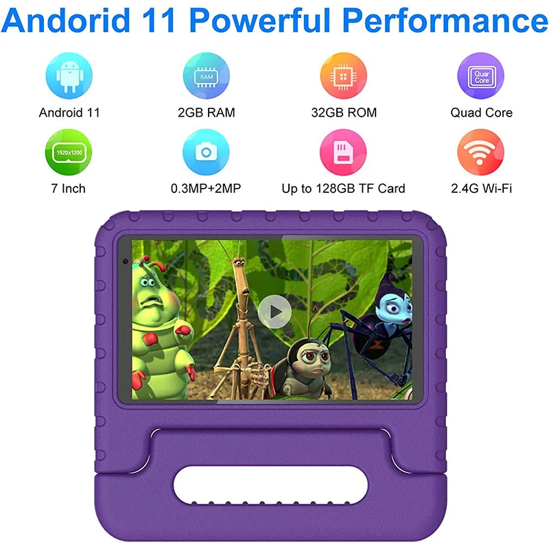 AOCWEI 2023 Tablet for Kids 7 Inch Toddler Kid Tablet Android 11 Quad Core Parental Control Kids Software Pre-Installed Purple