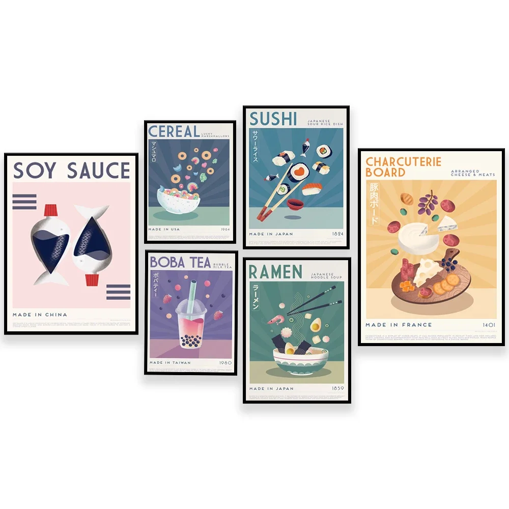 

cheese, sushi, boba tea, ramen, soy sauce, breakfast cereal, lucky charm poster, japanese poster, danish pastel, food gift