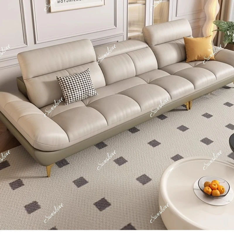 Leather sofa The living room is simple and modern, light luxury, small apartment, large seat depth, adjustable inline