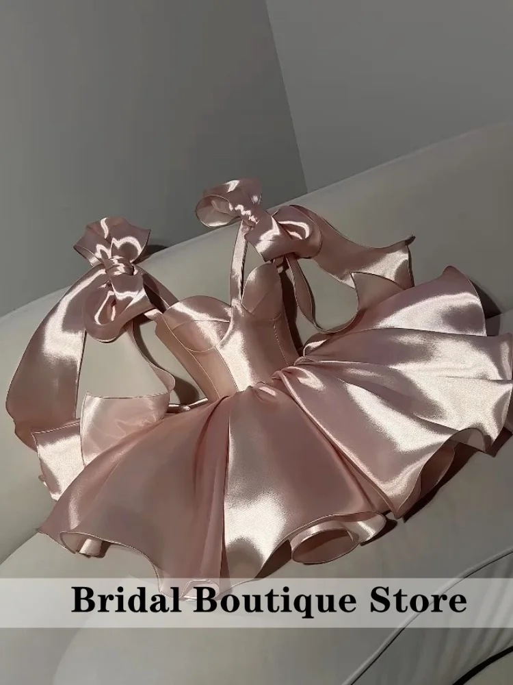 Pink Gorgeous Mini Shiny Homecoming Party Dresses Straps With Bows A-Line Short Prom Dresses Formal Occasion  Customized