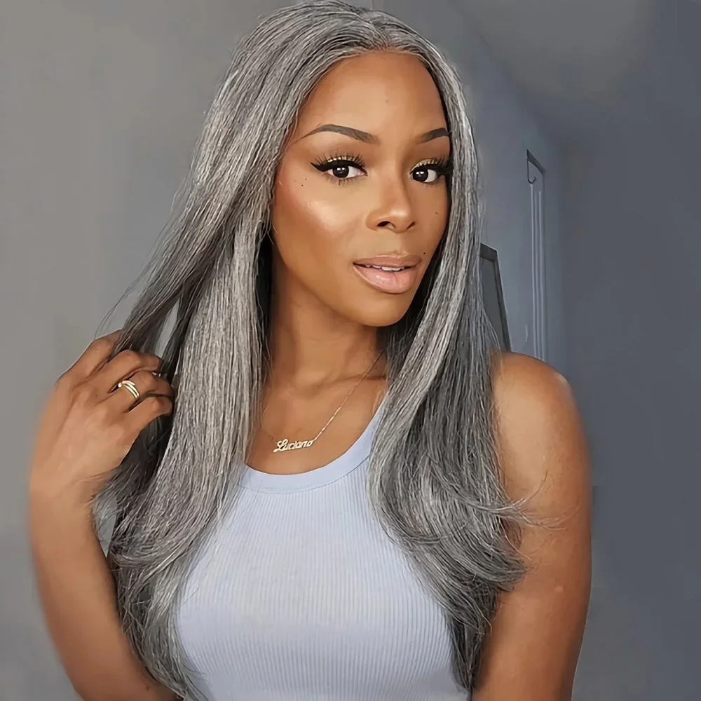 

Silver Luxe Gray Bone Straight 13x4 HD Lace Frontal Wig Human Hair Brazilian Salt And Pepper Front Bob Wigs For Mature Women