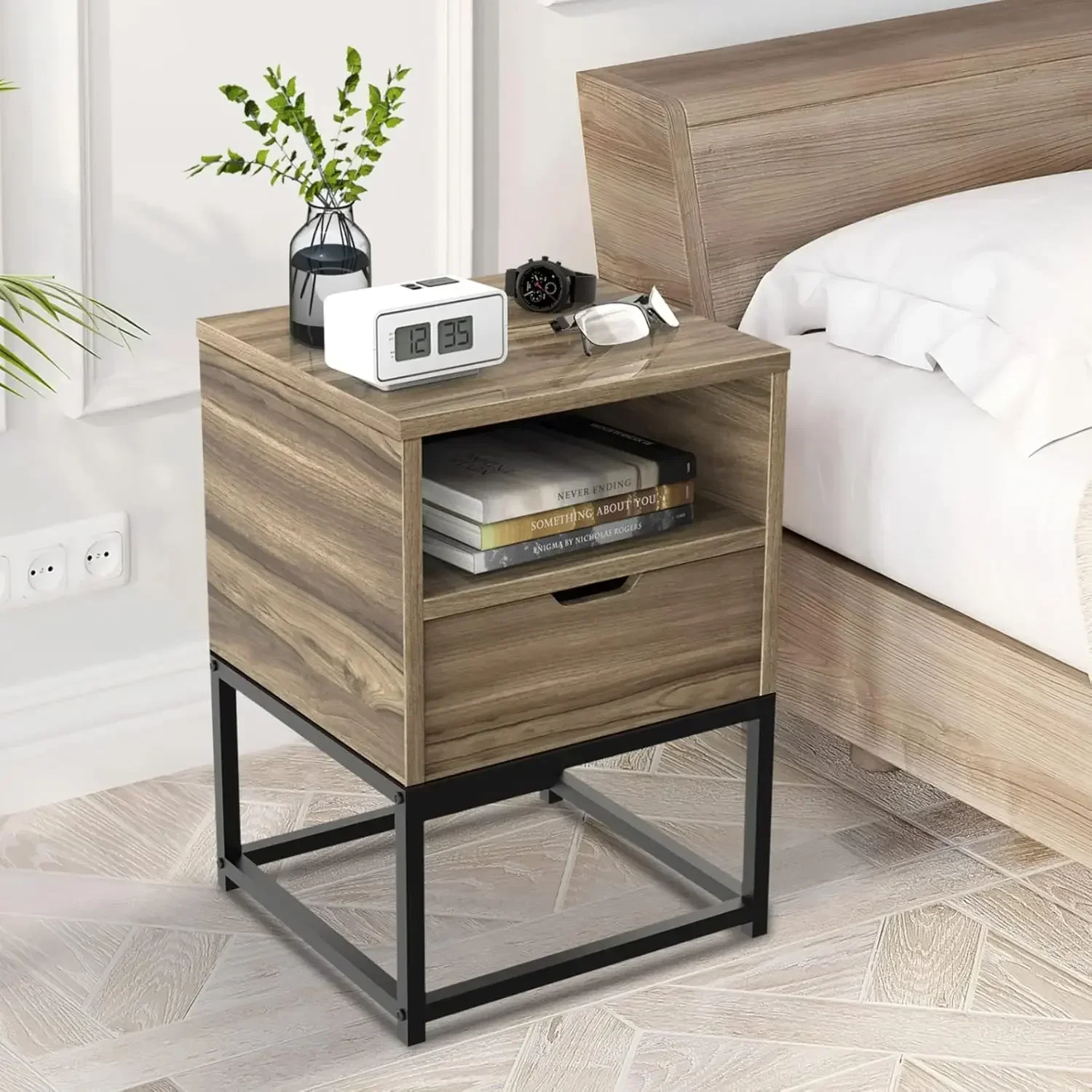 Nightstand with Drawer Wood End Table Night Stand with Open Storage Shelf & Solid Steel Legs, Mid-Century Modern Bedside Table