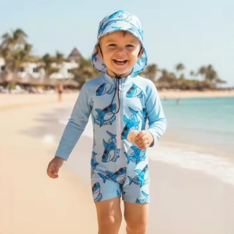 New Boys One-piece Swimsuit + Sun Hat Cute Cartoon Shark Long Sleeve Sun-protective Quick-dry Surfing Bathing Suit Baby Swimwear