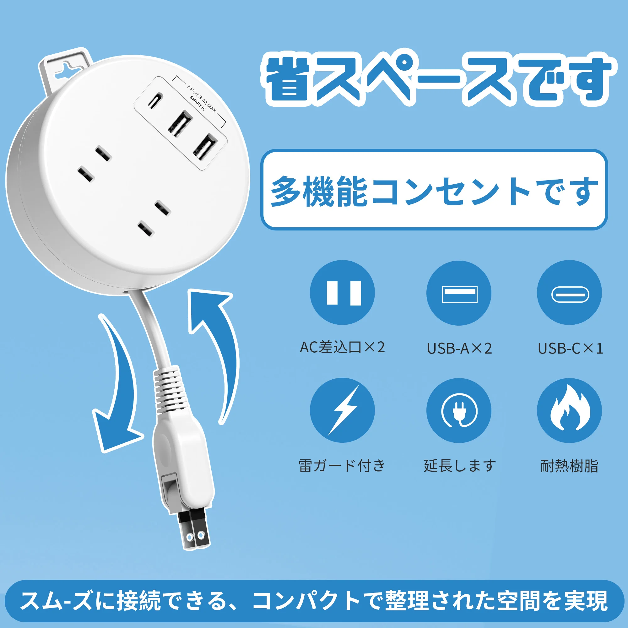 A Multi-Functional Power Socket with Retractable Power Cord, Featuring 0.9m Extension Cords, 2 Ac Outlets, 3 USB Ports (2 Usb-A, 1 Usb-C), Flame-Retardant Material, Overload Protection, Lightning Protection, 180-Degree Adjustable Plug, Hook Design, Compact and Lightweight, Space-Saving, Suitable for Use in Living Rooms/Bedrooms/Office/Kitchen and Other Locations
