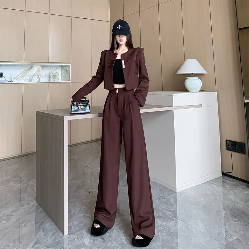 Cintura alta casual sólido calças retas define feminino 2025 outono outwears jaqueta curta ternos feminino elegante moda 2 pc conjunto