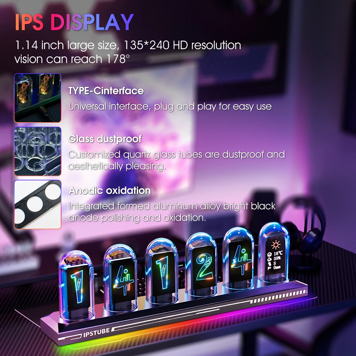 RGB Nixie-Röhren-Uhr mit IPS-Farbdisplay, Vollfarbige Neon-Glühröhre, Zeit-, Foto- und Wetteranzeige für Desktop-Dekoration – Detail 7