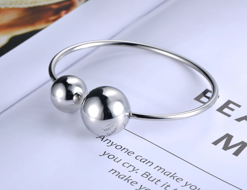 Lokaer Trendy Double Big Ball Stainless Steel Cuff Bracelet Jewelry For Women Silver Color Bracelet Bangle Valentine Gift B19009