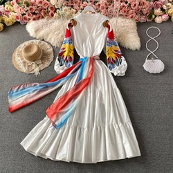 High Quality Luxury Design Runway Female Elegant Embroidery Women Dress Lantern Sleeve High Waist Maxi Long Dresses