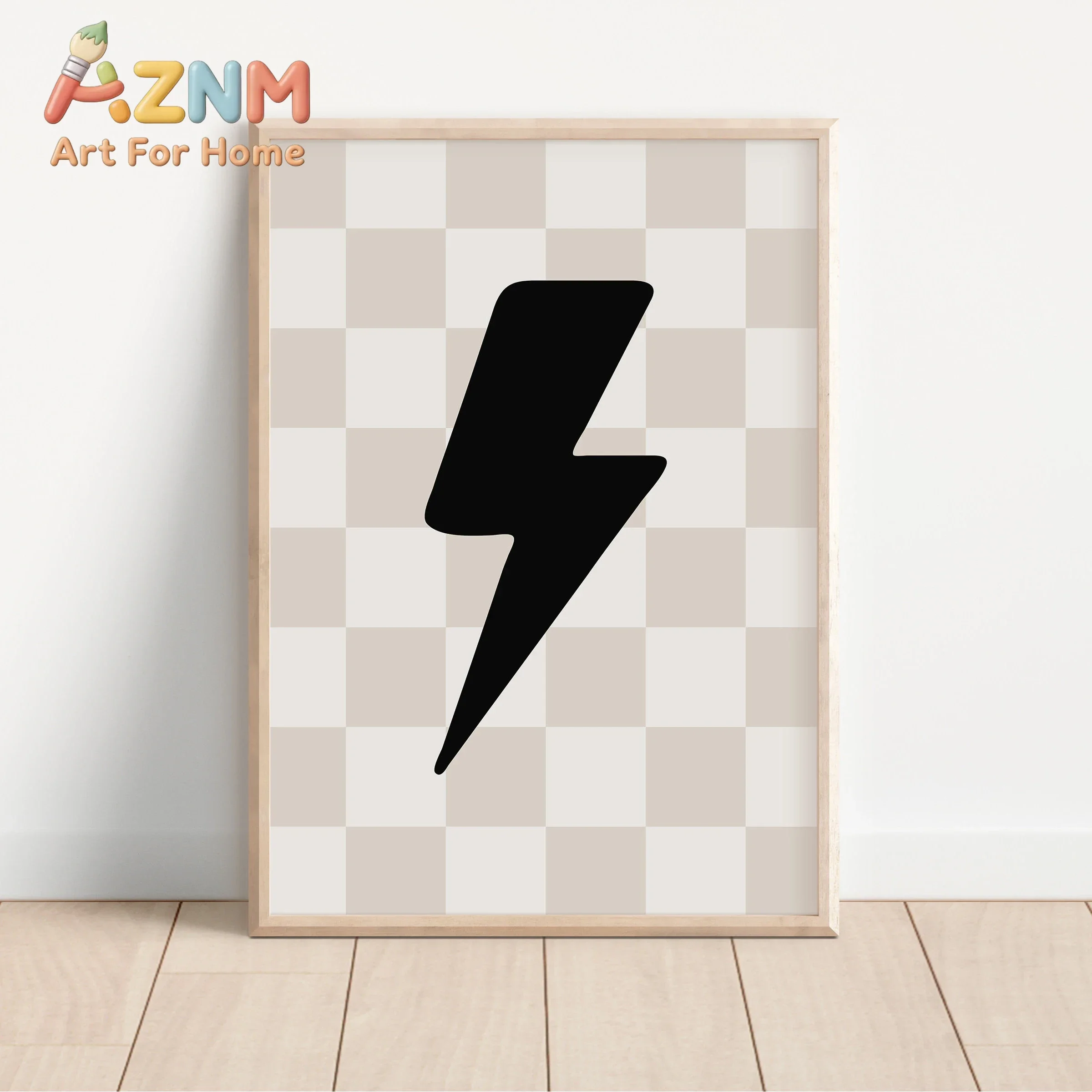 AZNM Neutral Boys Rule Canvas Painting, Retro Car Lightning Bolt Peace Sign Checkered Print, Boho Toddler Boys Nursery Bedroom W