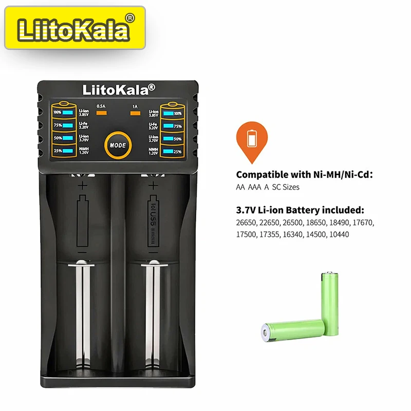 LiitoKala Lii-202 Smart Battery Charger USB C Dual Slot Fast Charge 18650 26650 Li Ion 3.7V 4.2V NiMH NiCd AA AAA 1.2V Portable