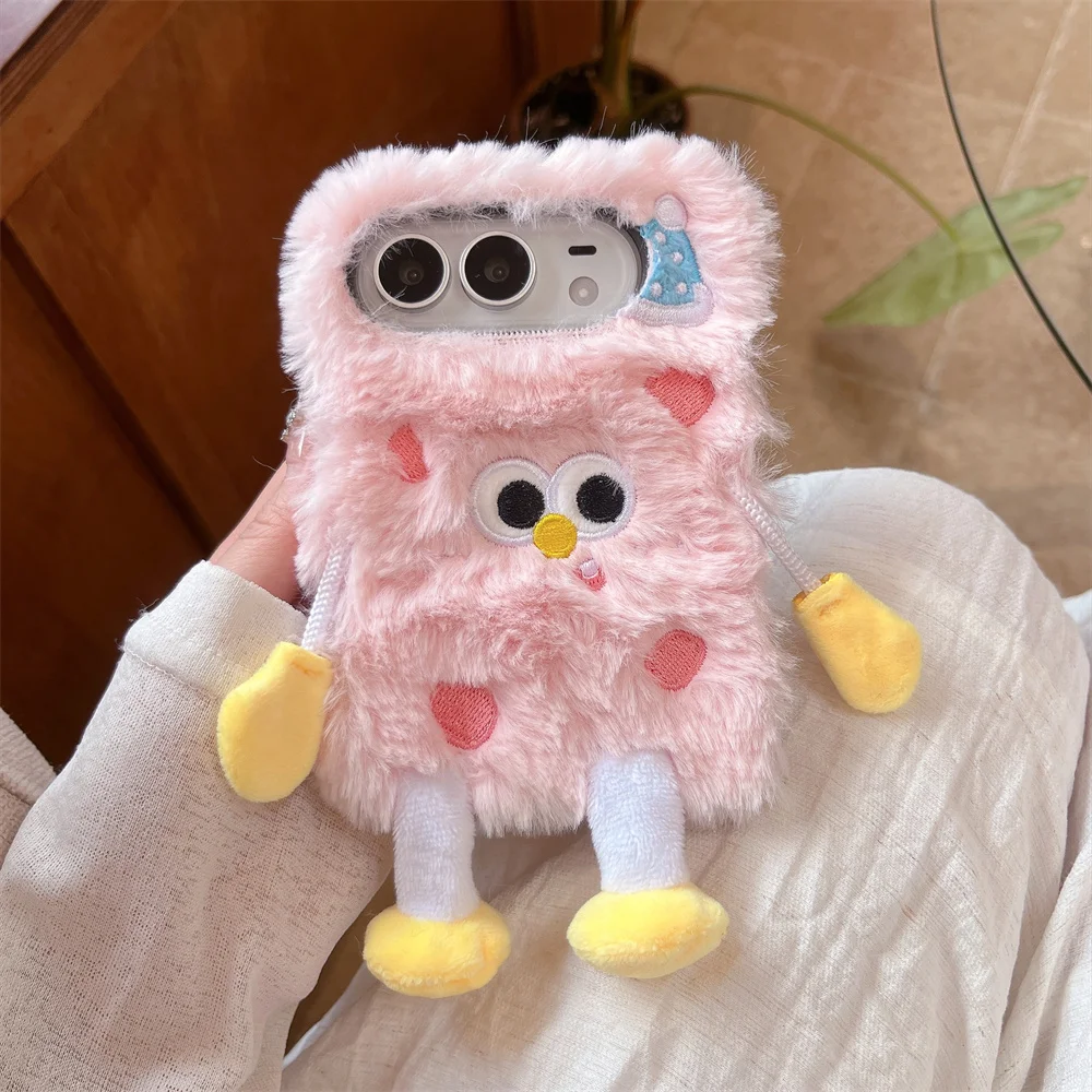Kawaii Fluffy 3D Cartoon Doll Case For iPhone Ultra Soft Furry Plush Shell Movable Limbs Decor Sweet Colorful Fashion Shell