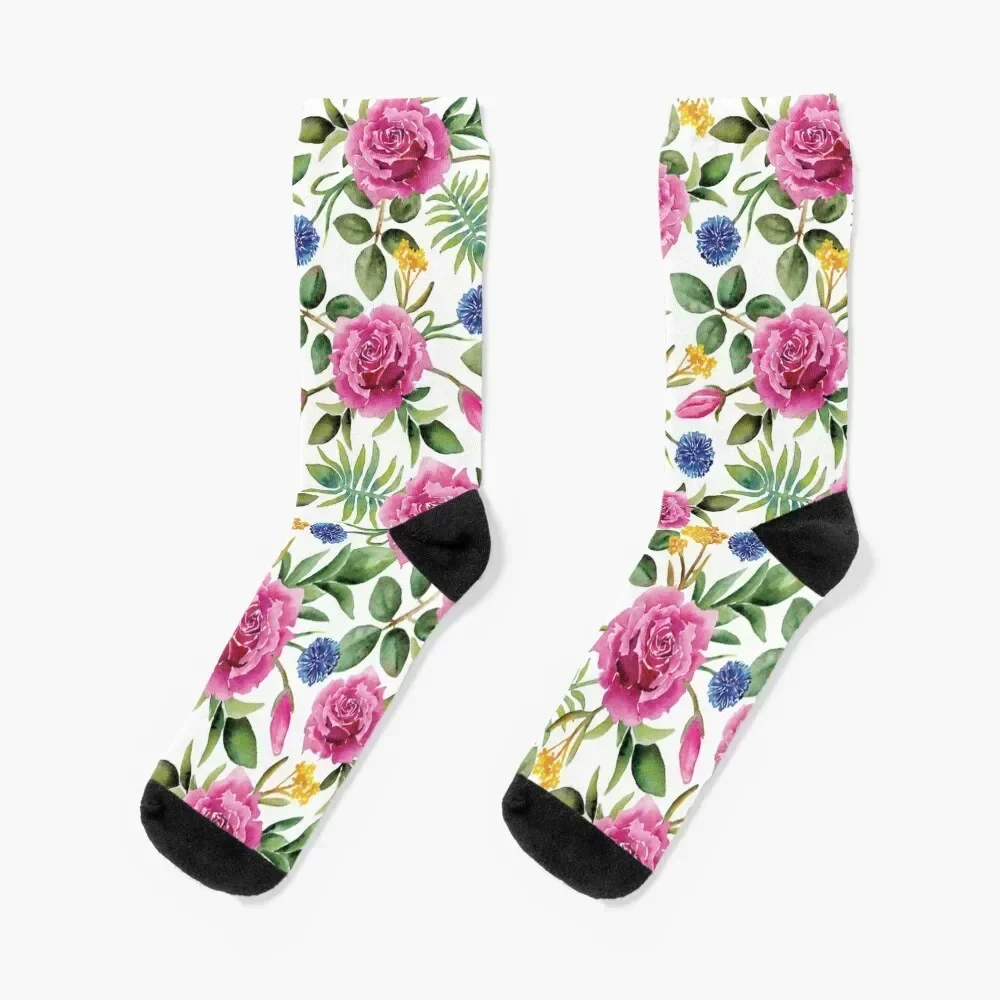 Watercolor Roses - Pink, Blue, Yellow & Green Floral/Botanical Pattern Socks new year japanese fashion Socks Ladies Men's