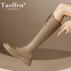 TAOFFEN 2023 New Arrival Women Knee Boots Real Leather Winter Women'S Shoes Daily Lace Up Long Boot Ladies Footwear Size 34-42