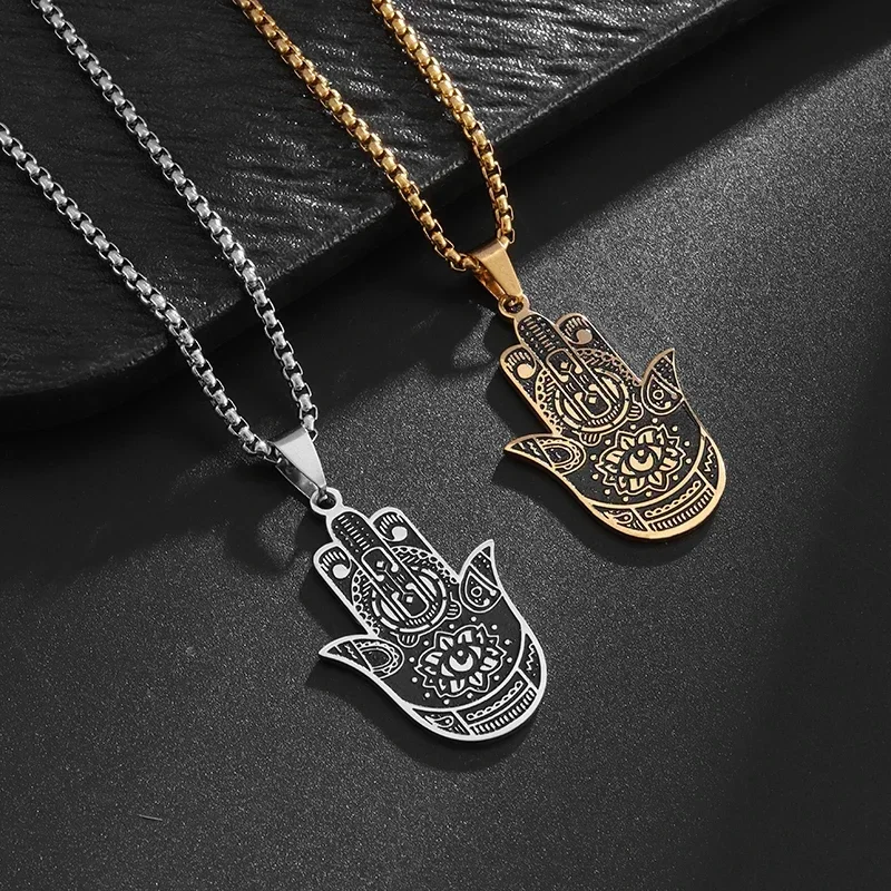 Classic Stainless Steel Devil\'s Eye Hand of Fatima Pendant Necklace for Men and Women Fashion Lucky Exorcism Amulet Jewelry Gift