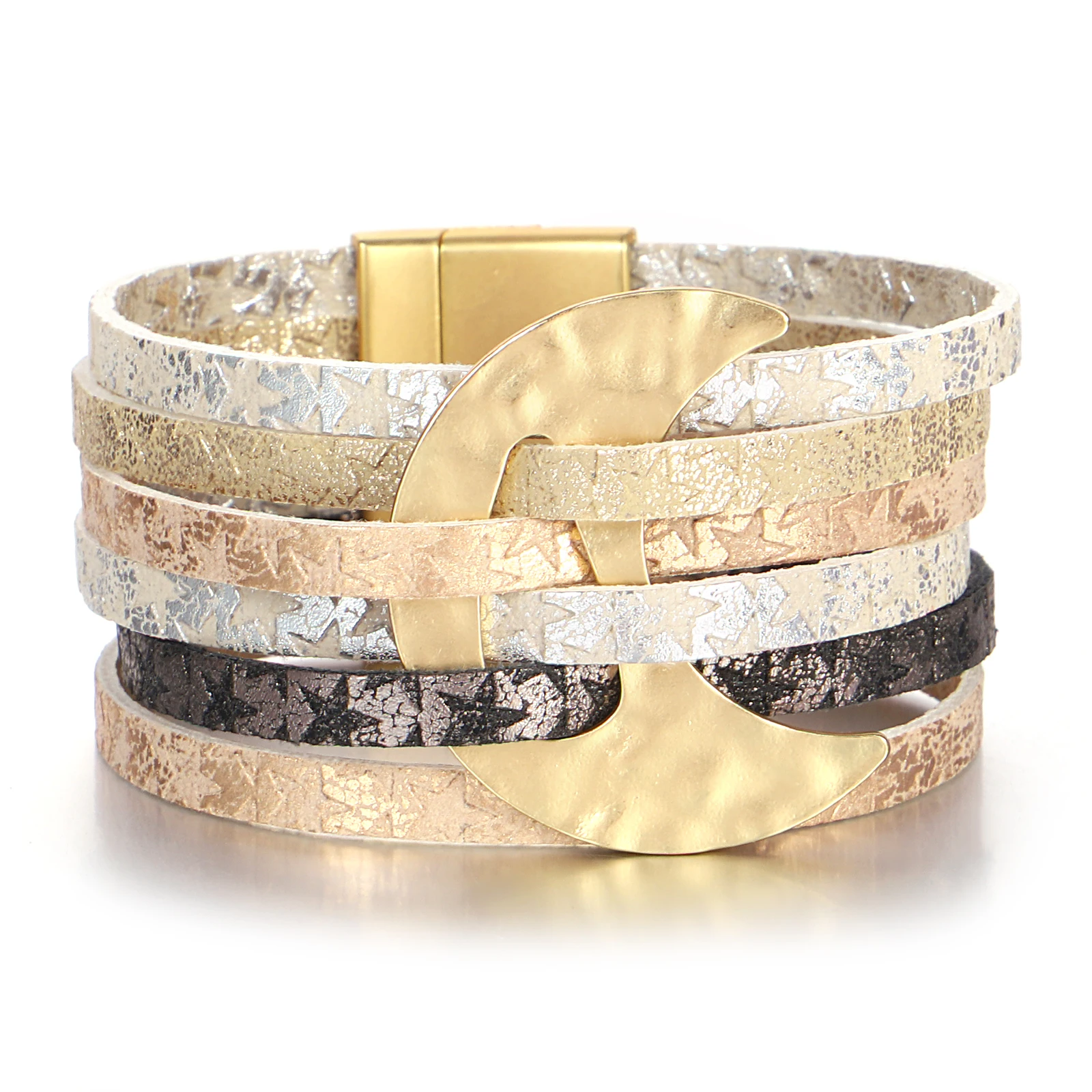Amorcome Elegant Metal Tube Multilayer Leather Bracelet Women Stackable Wrapping Printed Wide Bracelet Holiday Jewelry Gift