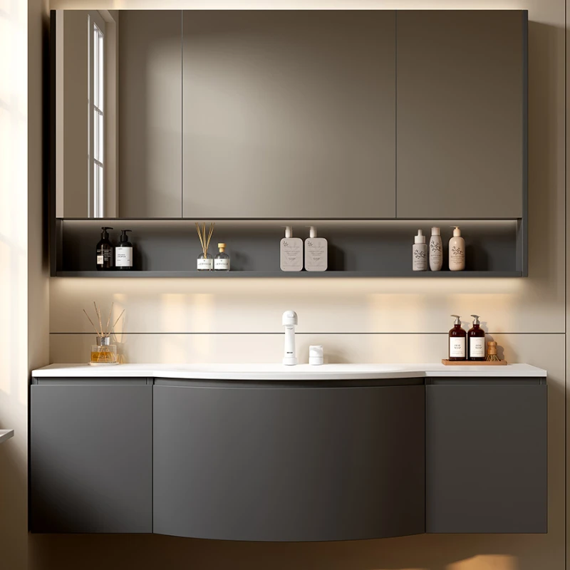 

Rock slab seamless integrated basin oak paint special-shaped arc countertop smart bathroom cabinet