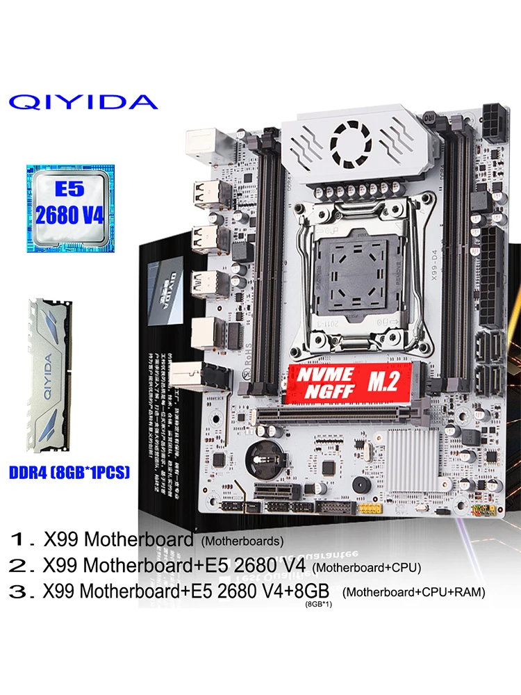 QIYIDA X99 – ensemble de cartes mères LGA 2011-3 Xeon E5 2680 V4, processeur DDR4 8GBx1PCS = 8GB NVME NGFF M.2 SATA3.0 USB3.0 X99 C612chip