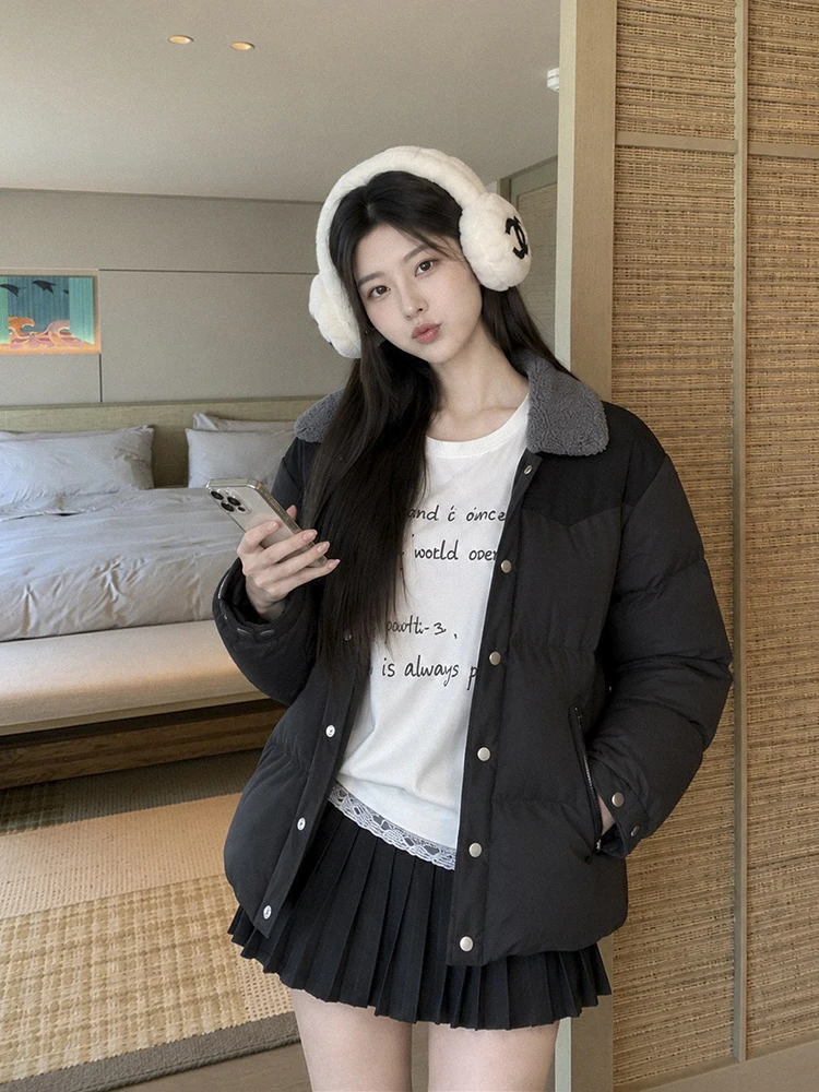 Winter Lamb Collar Splicing Color Blocking Down Jacket Women White Duck Down Outwears Female Warm Single-breasted Parker Jacket
