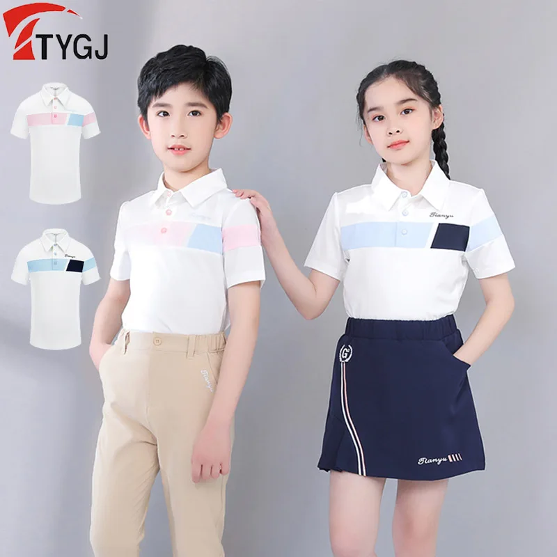 

TTYGJ Summer Kids Breathable Elastic Golf T-shirts Boys Girls Quick Dry Short-sleeved Golf Polo Shirt Lapel Patchwork Sports Top