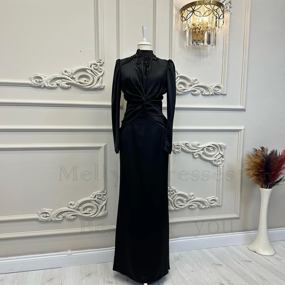 

Black High Neck Evening Dresses for Women 2023 Full Sleeve Sheath Satin Prom Gowns Beading Winter Vestido De Noche Pleat New