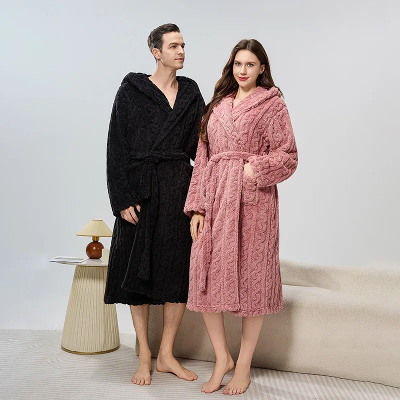 

Casual Robe Men Couple Sleepwear Bathrobe Fleece Winter Night Wears Belt Warm Pajama One Piece Nightgown Solid Pocket Homewear