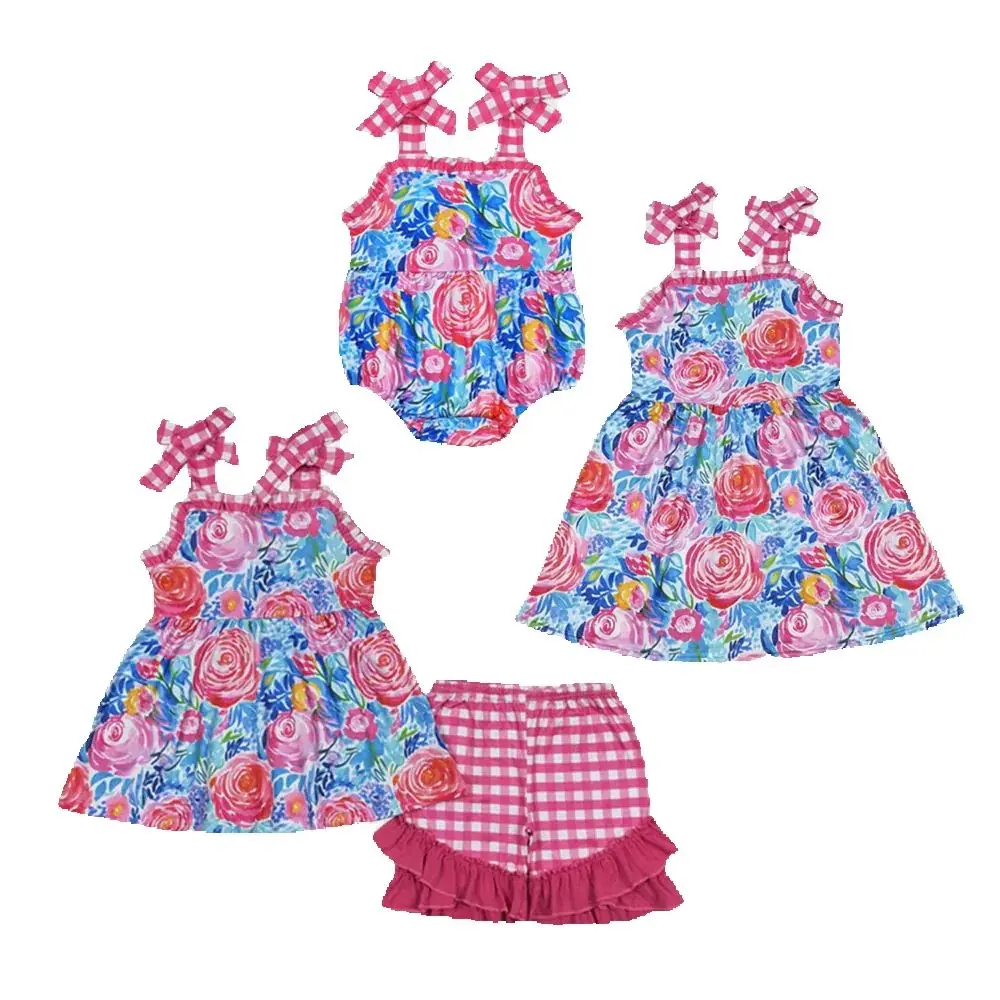 

Baby Girls Pink Flowers Straps Sibling Summer Dresses Rompers Clothes Sets