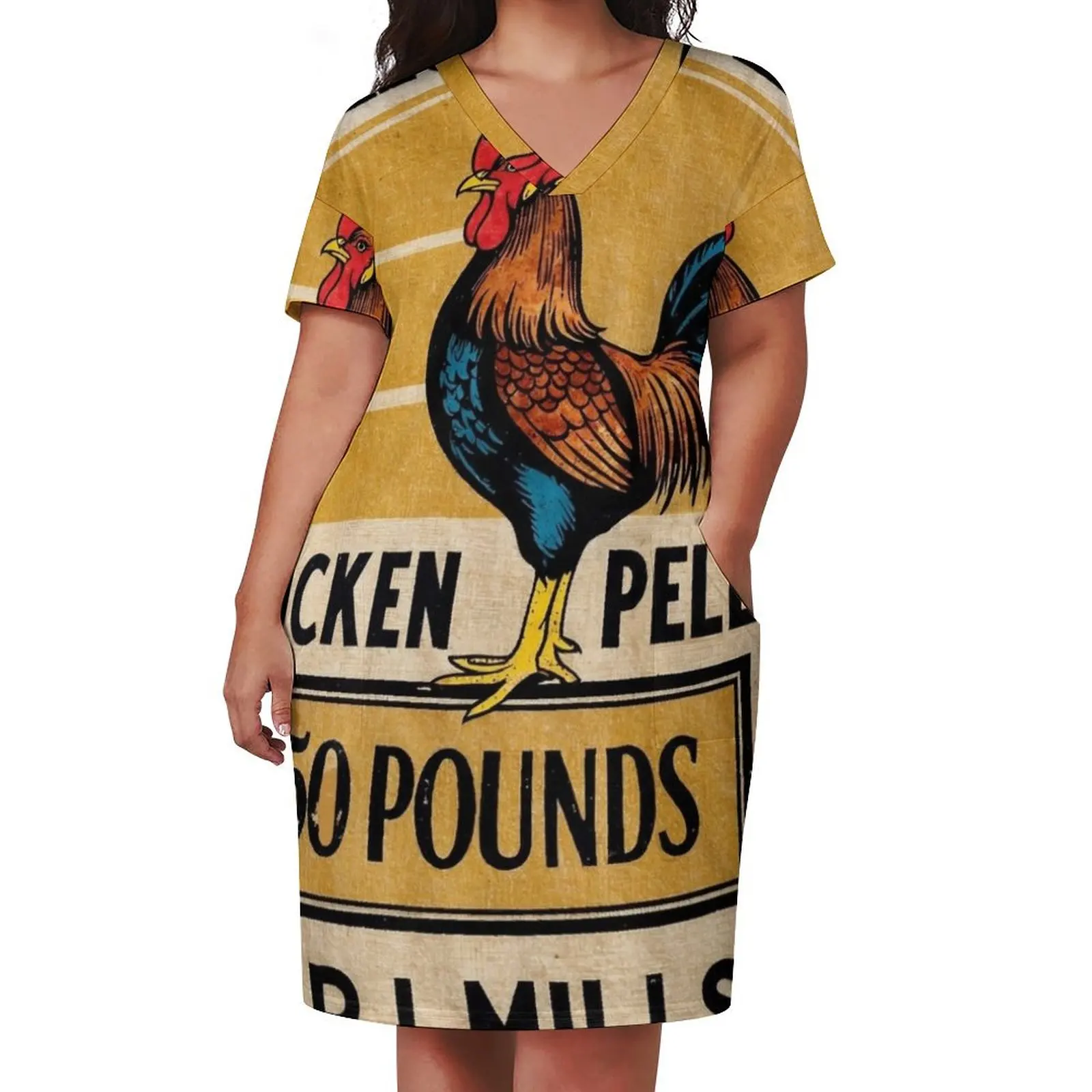 Prairie Farms Rooster Grain Sack Loose Pocket Dress long sleeve dresses Dresses gala dress women summer 2025