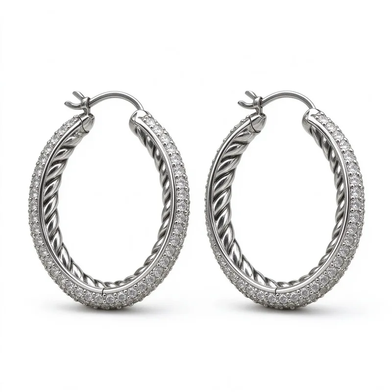 Half Pave Cubic Zirconia Hoop Earrings forWomen, Twisted Cable Inner Design Outer FullRhinestone Hoop, Silver and Gold Tone AlloyEarrings, Sparkling Stones Cable Texture, SecureBacking, Statement Jewelry Gift for Her, DailyWear Party Night Out Chic