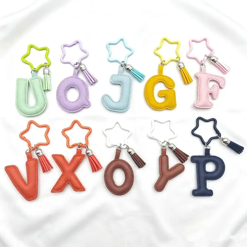 Kawaii Star Keychain Tassel Leather A Z Initial Bag Charms Women Handbag Pendant Personalized Name Key Ring Gift