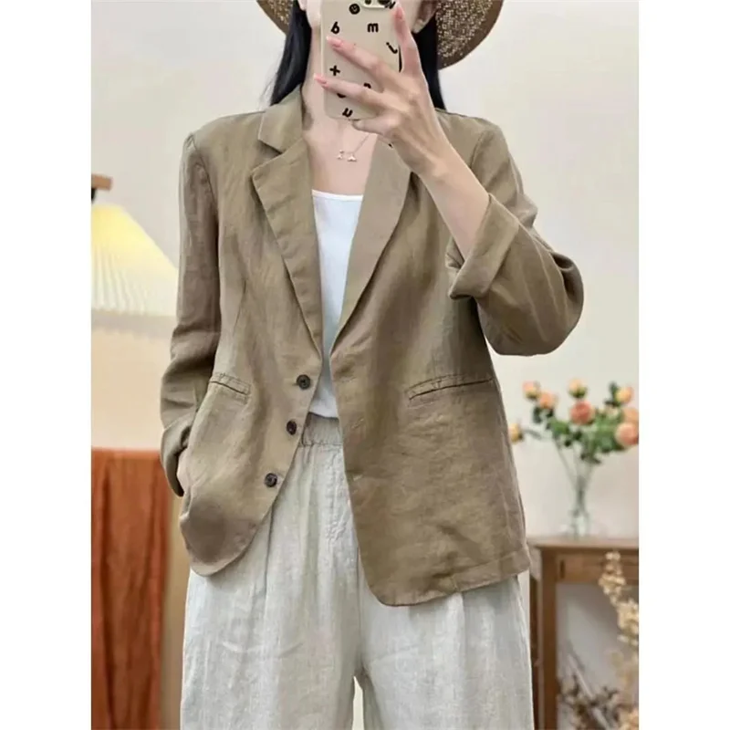 سترة نسائية للخريف بلون سادة أنيقة OL للعمل بأكمام طويلة ورقبة على شكل طية صدر السترة ملابس خارجية من القطن سترات فضفاضة #2