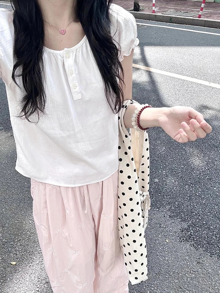 

Sweet Bubble Sve White irt Women's Summer 2024 New BM ort Size Personali Chiffon Top French Sle round Ne ort S...