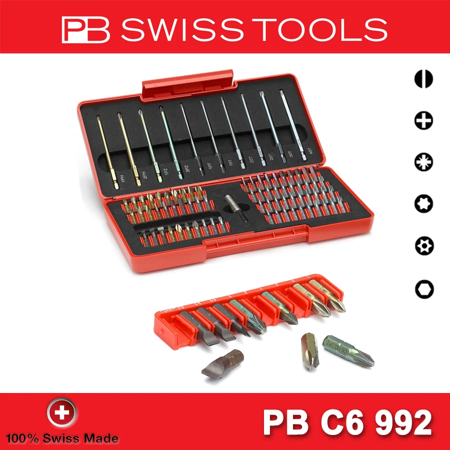 

PB SWISS TOOLS Precision Screwdriver Bits Set Suitable for Slotted, Phillips, Pozidriv, Torx and Hexagon Socket Screws NO.C6 992