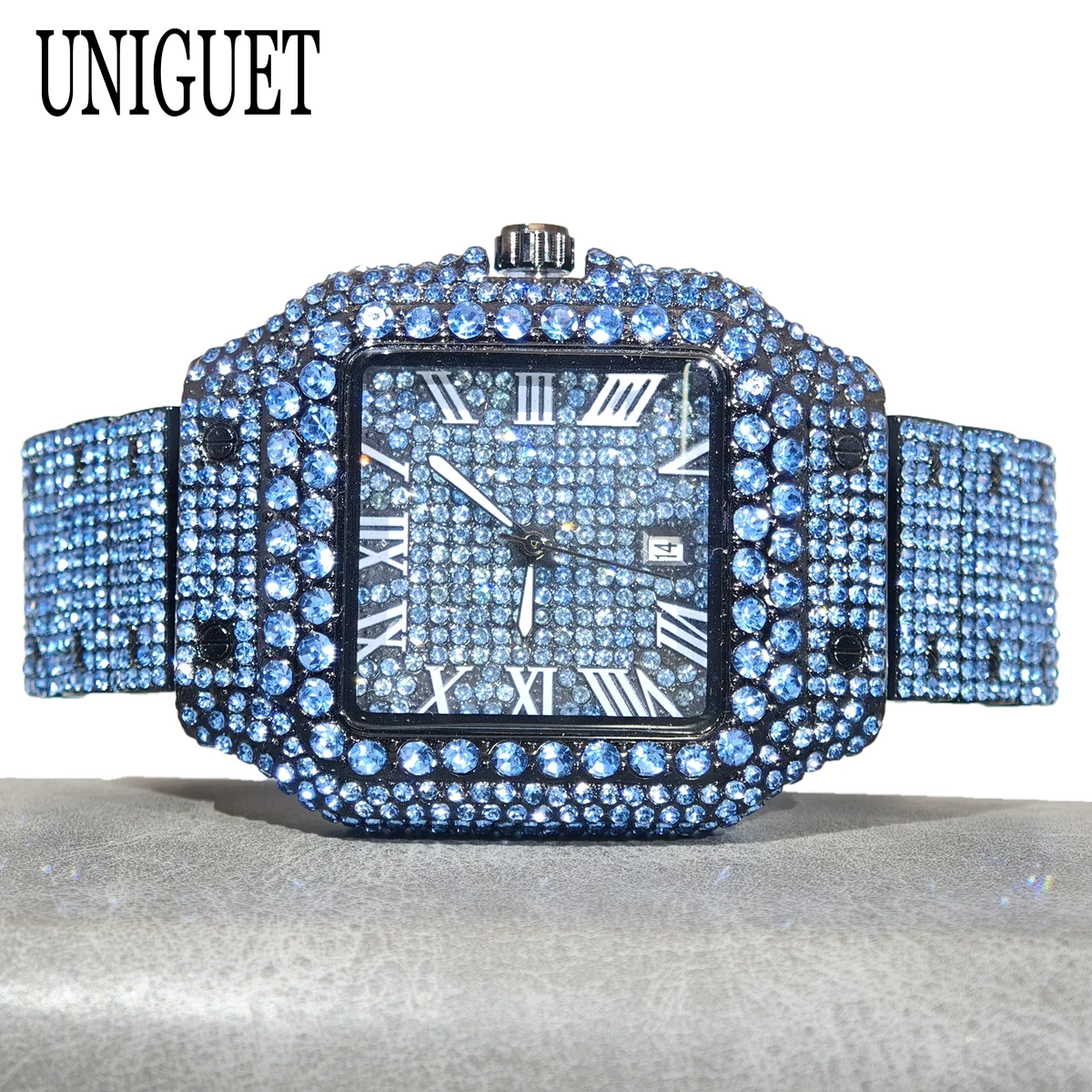 UNIGUET Hip Hop Blue Diamond Watch Men Roman Numerals Full Iced Out Bling Bling Square Quartz Wristwatch Man 2026 Hot Sale