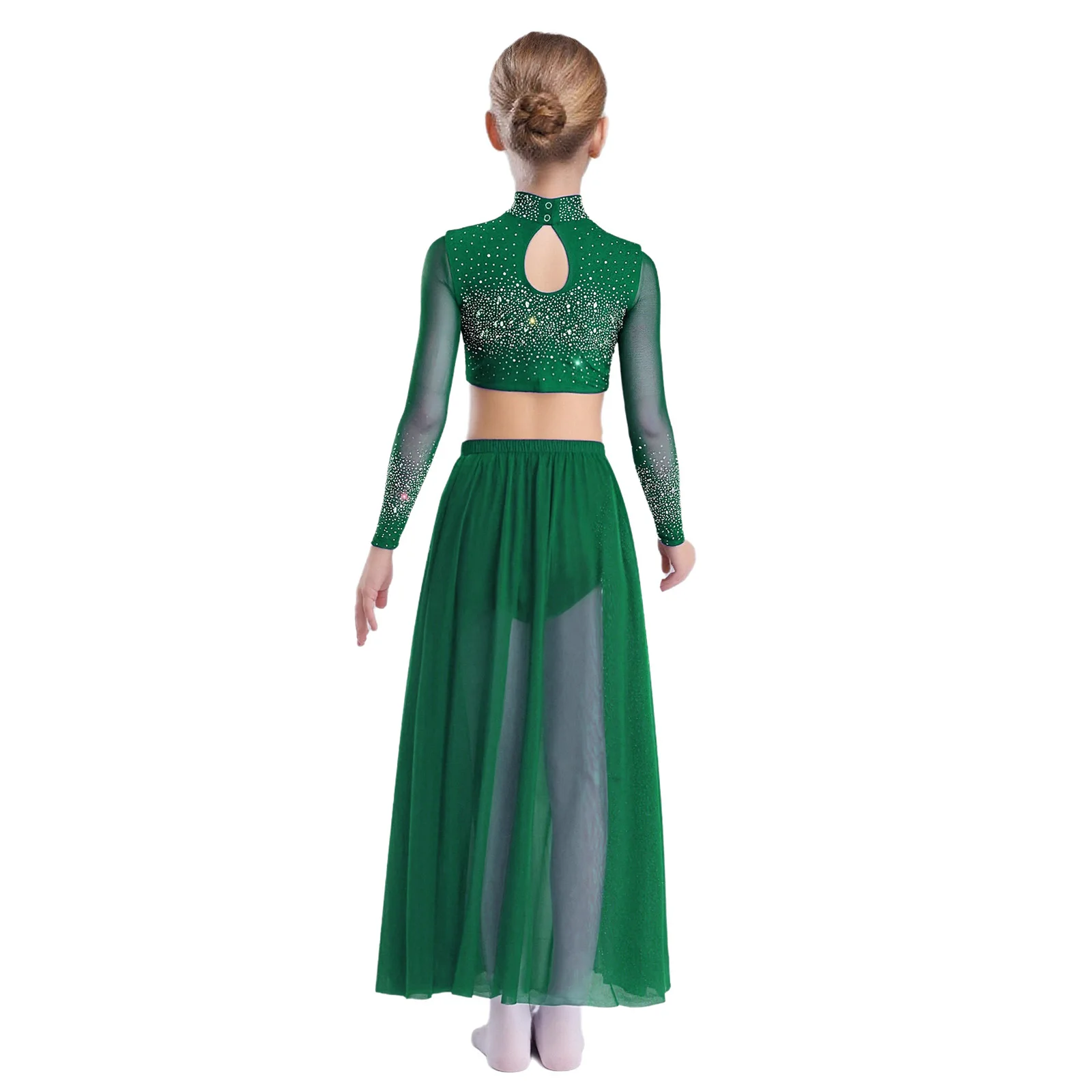 Kinderen meisjes ballet lyrische danskostuum lange mouw strass crop top met vloeiende rok set kunstschaatsen dansvoorstelling