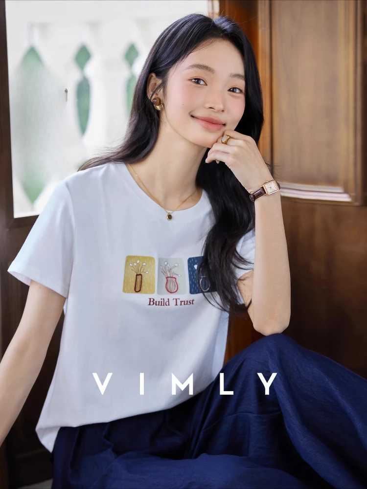 

VIMLY White T-shirt Women's 2025 Summer Casual Letter Embroidery Pattern Round Neck Woman Short Sleeve Top Chemises Femmes A2375