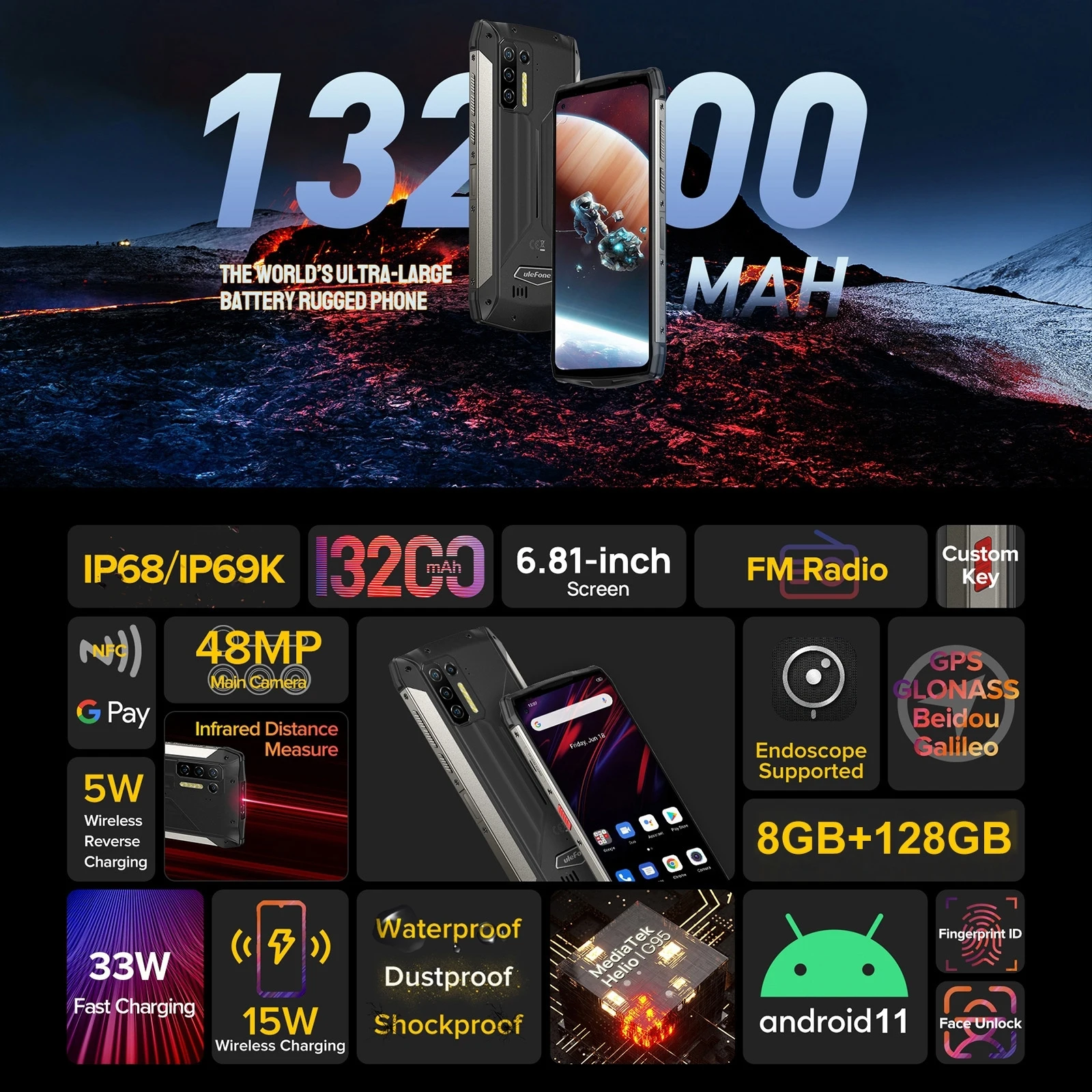 Ulefone Power Armor 13 Rugged Phone 8GB+128GB Infrared Distance Measure 6.81'' 13200mAh MTK Helio G95 4G OTG NFC Smartphone