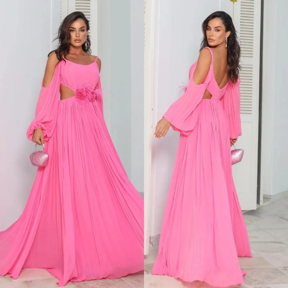 Customized Intricate Exquisite Chiffon Pleat Draped Handmade Flower Feather A-line Off-the-shoulder Long Dresses Bespoke Occasio