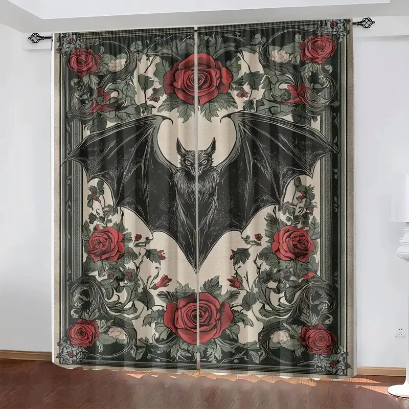 2 Pieces - Artistic Dark Gothic rose and bat pattern printed curtains, window decorations, home decorations, room decorations