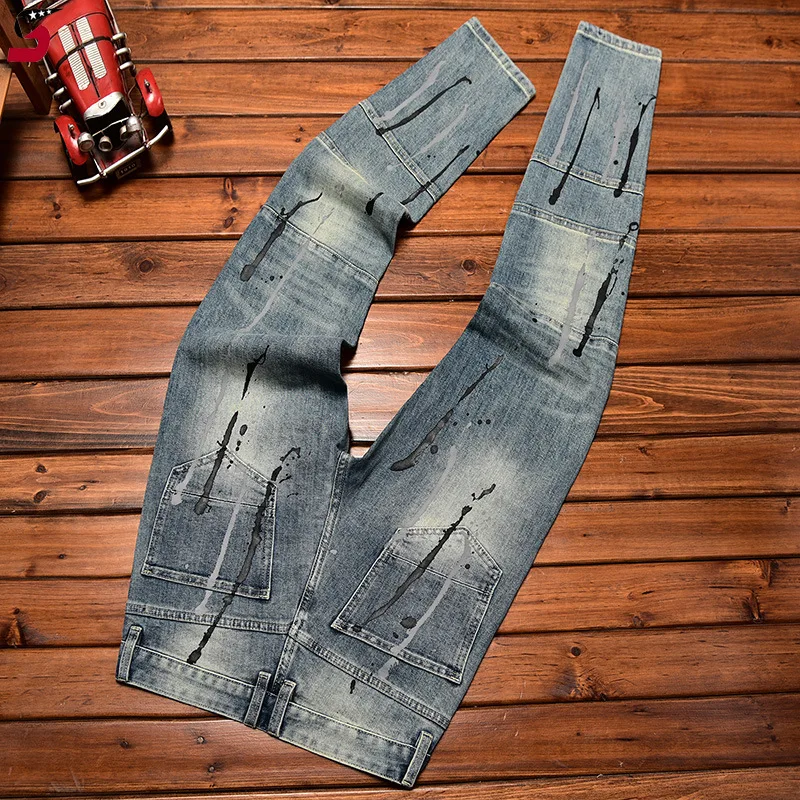 High-end jeans for men 2024 fall slim fit skinny fashion printed nostalgic retro street denim long pants