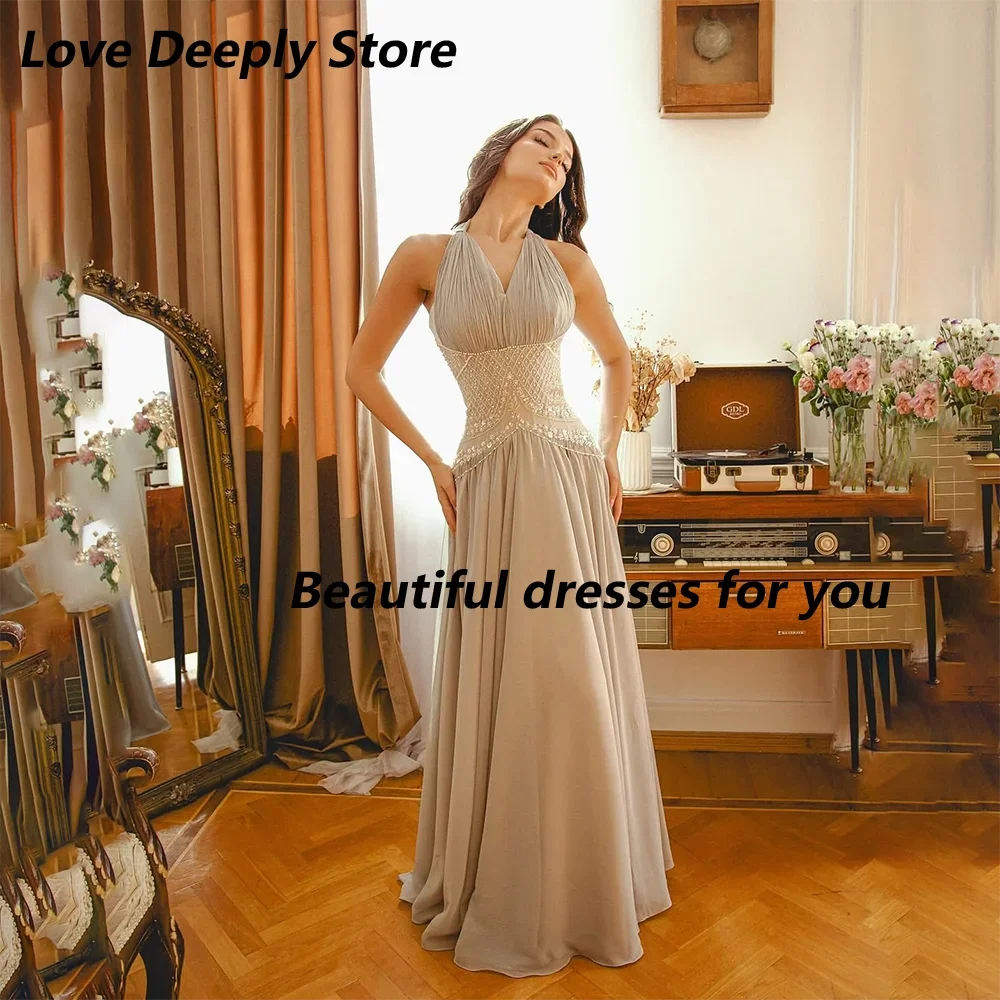

Modest Grey Evening Dress Halter Crystal Pleat Chiffon A Line Evening Gowns Saudi Arabian Formal Party Dresses Customized