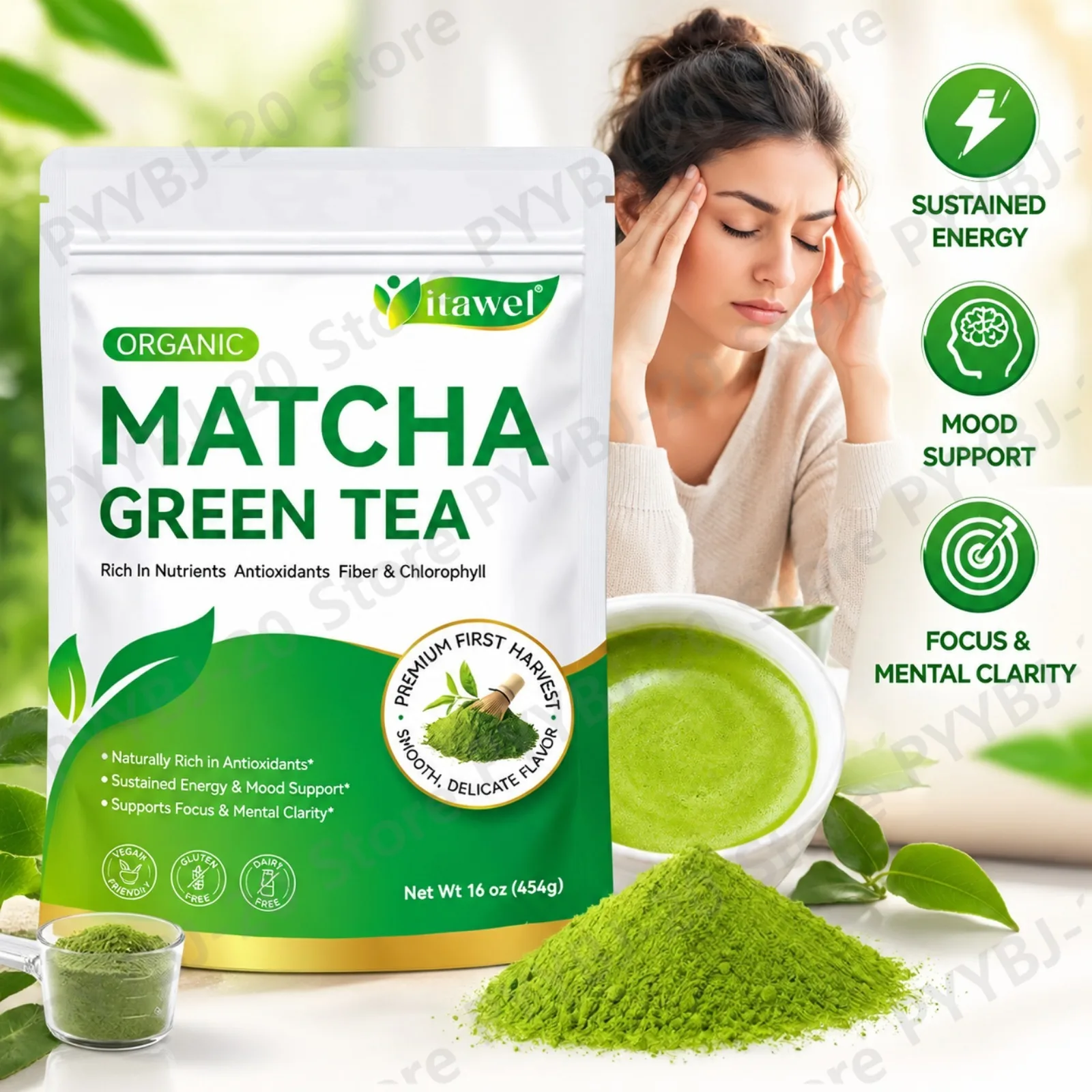 Itawel Organic Matcha Green Tea Powder Energy Support Mood Balance Mental Focus with Caffeine Natural Tea Formula 151 Servings