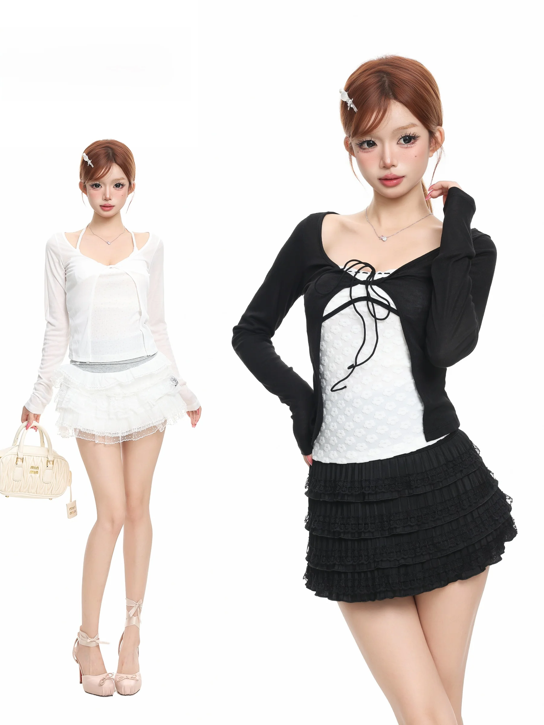 BASTERDS Pure Desire Style Women's Summer Tank Top And Cardigan Two-Piece Set Sunscreen Shoulder Shawl  Knot Design