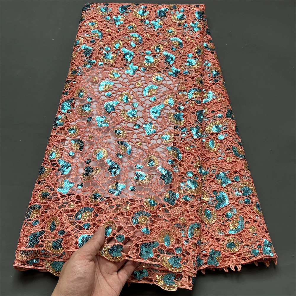2023 High Quality African Nigerian Lace Fabric Embroidery French Tulle Sequins Wedding Party Dress Guipure Water Soluble 5Yards