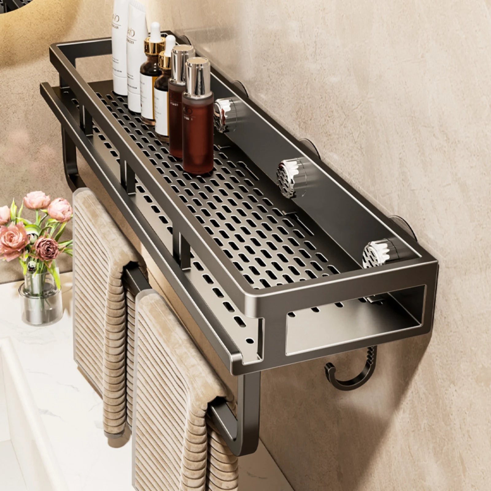 No Drill Suction Cup Suction Bathroom Rack Bathroom Shelf Toilet Space Aluminum Hanging Rack Bathroom Organizer Hang On The Wall