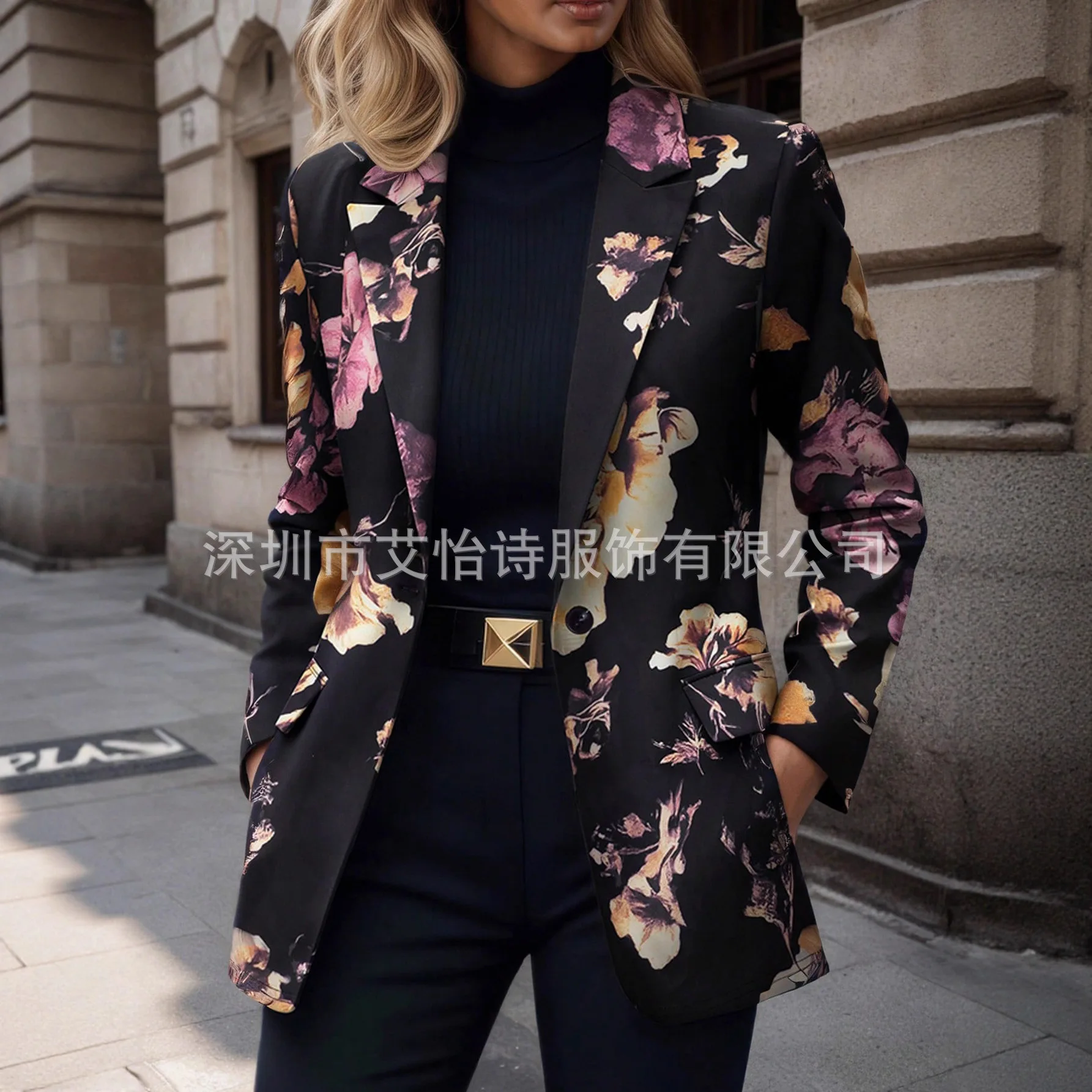 Women Lapel Fashion Floral Color Block Blazer Elegant Professional Suit Jacket Office Commuter Business Work Outerwear