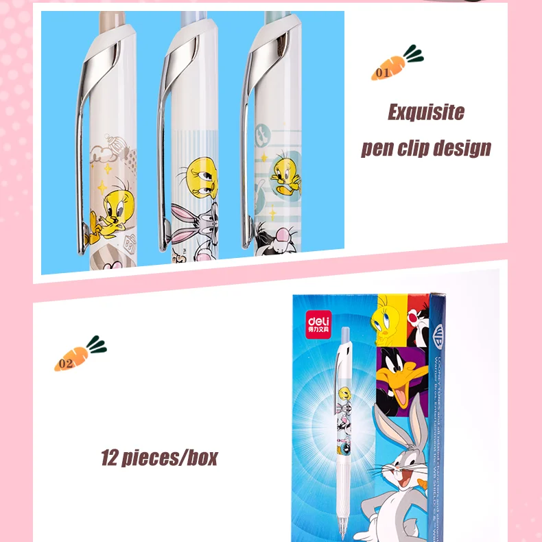 3Pcs Deli S88-D Looney Tunes Bugs Bunny Press penne Gel retrattili 0.5mm penne nere a punta Fine per Journaling Kawaii