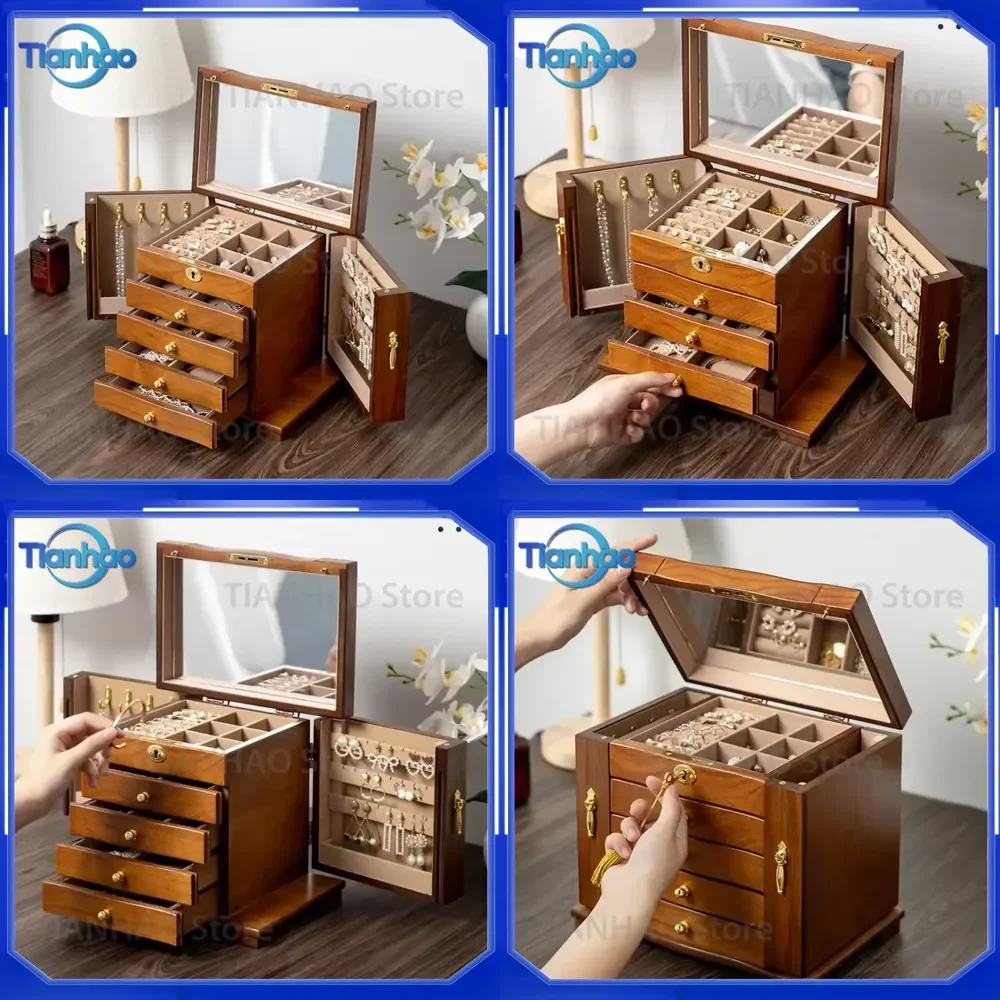 Large Wood Jewelry Box for Women for Ring Necklace Earrings Display Storage Organizer Case with Drawer