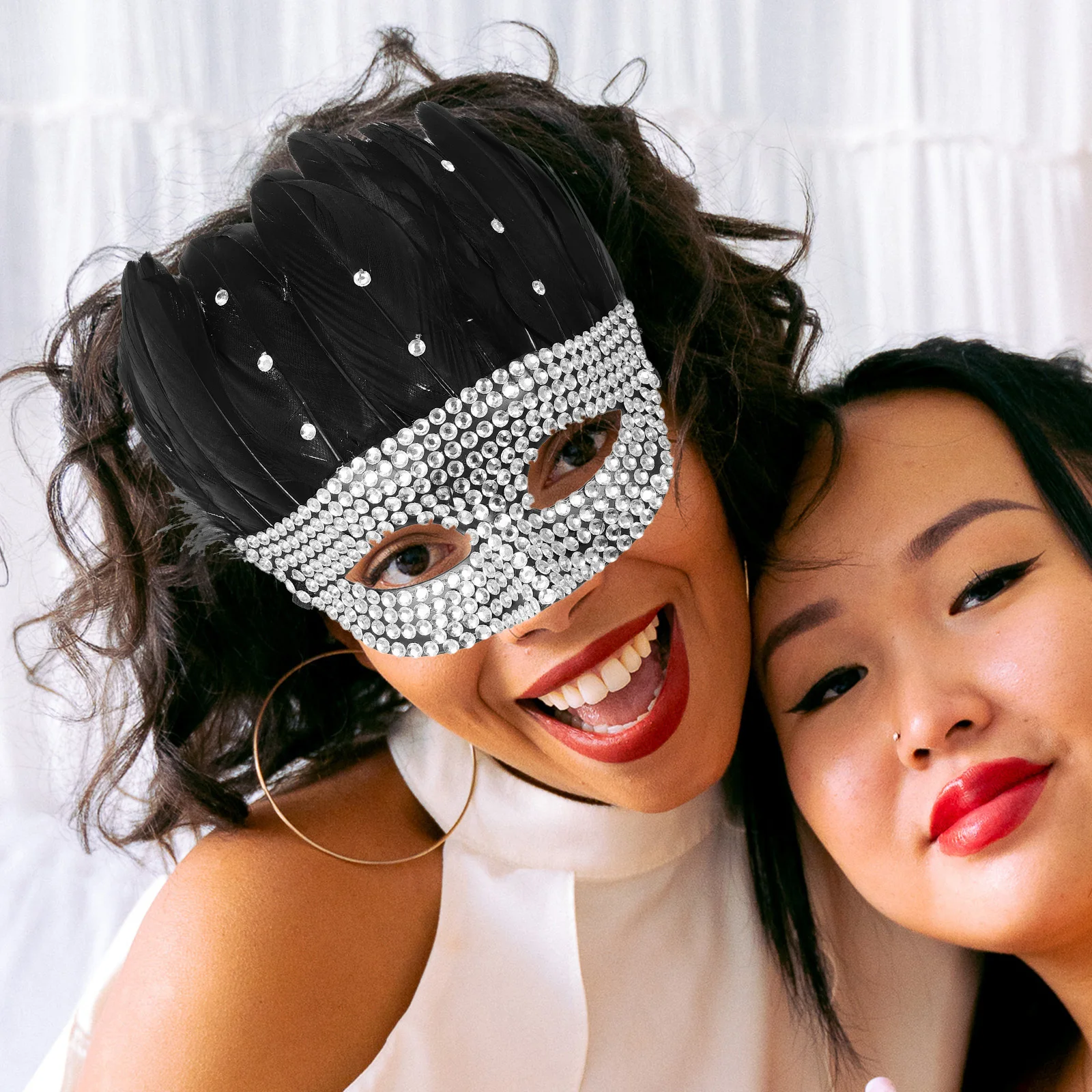 

Rhinestone Half Mask for Adults Festive Plume Decoration Creative Mask Prop for Halloween Masquerade Cosplay Party Women Costume